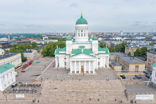 Helsinki Cathedral Square. One of the most famous Sightseeing Place in Helsinki. Drone Point of View. Finland.