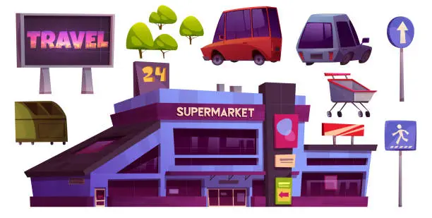 Vector illustration of Supermarket store and car parking exterior set