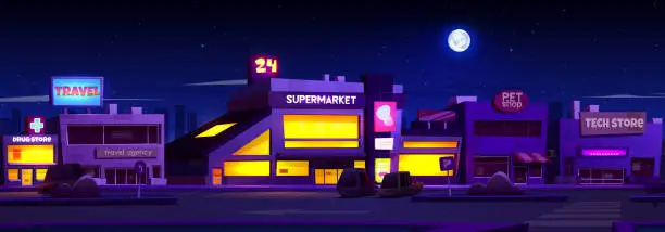 Vector illustration of Parking lot of shopping center at night