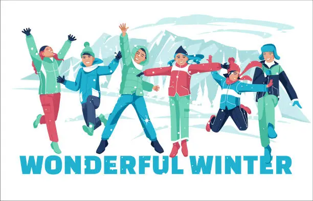 Vector illustration of A group of happy winter children are jumping on the background of snowy mountains. Winter children's camp. Winter outdoor activities. Vector flat illustration