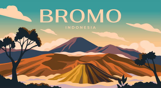 Vector Landscape with Bromo volcano Landscape with Bromo volcano. Banner with famous natural Indonesian landmark. Beautiful scenery with mountains and morning sky. Tourism, travel and journey. Cartoon flat vector illustration bromo tengger semeru national park stock illustrations