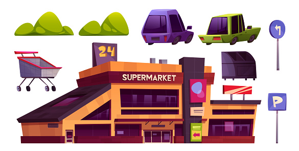 Supermarket parking cartoon vector set - facade of large hypermarket, parked cars, lot signs and green bushes for shop exterior design. Entrance to store building with outdoor urban elements.