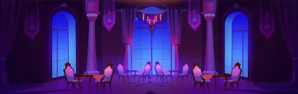 Vector illustration of Castle banquet or ball room at night