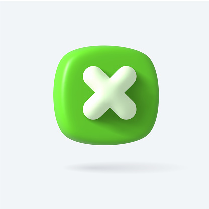 Vector Render 3d of Right Cross Icon. Green color. Approvement icon or emblem. Vector illustration