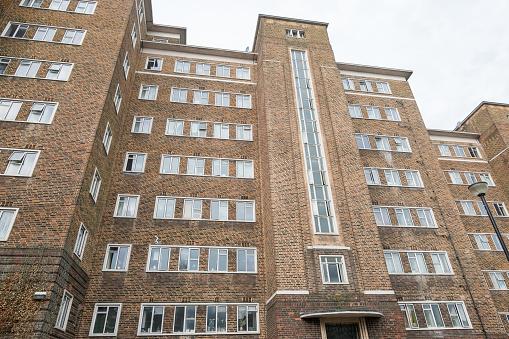 Exterior of a council housing block, Aubert Court, in Highbury, London, UK