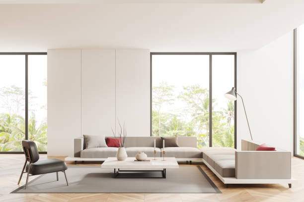 istock Luxury hotel living room interior with sofa and coffee table, panoramic window 1914218342