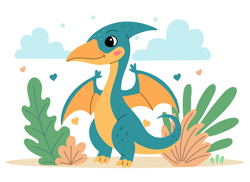Cute dinosaur pterodactyl flat illustration of a cheerful up historical character.