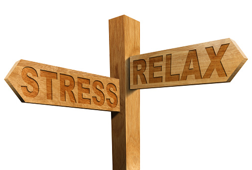Two wooden directional signs with text Stress and Relax, isolated on white background.