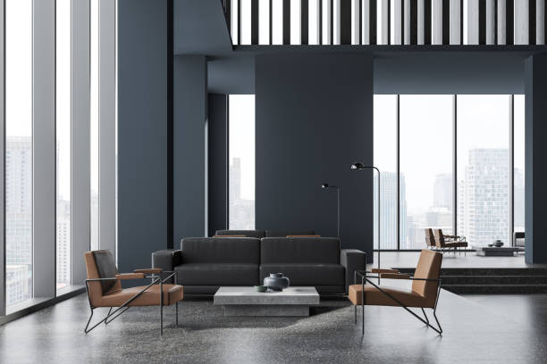 istock Gray and wooden office waiting room interior 1914233340