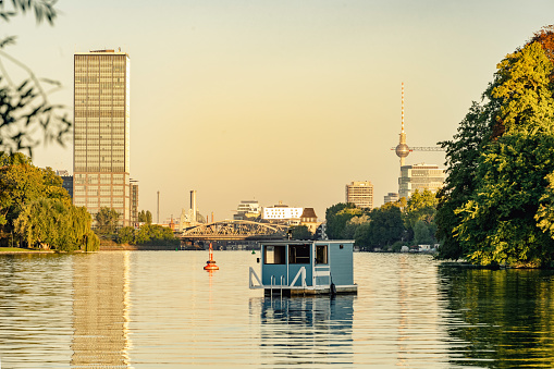 Boats and houseboat anchoring on rummelsburg lake in Berlin, Germany