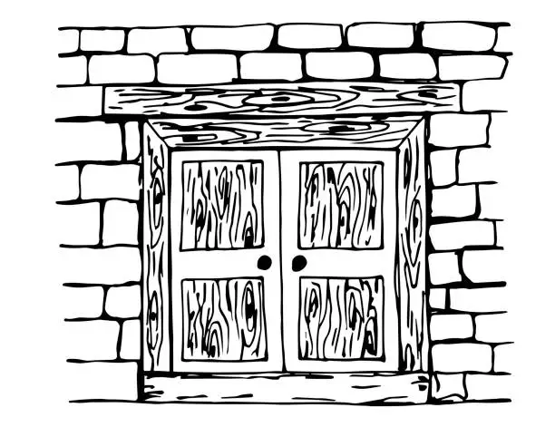 Vector illustration of Antique wooden doors in a brick stone wall. Simple vector drawing with black outline. Medieval buildings, city street. Sketch in ink.