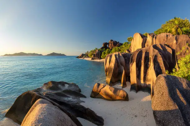 Beautiful beach with white sand on a tropical island in the Seychelles