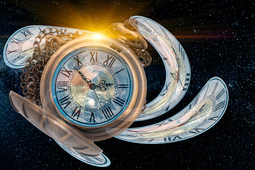 Spacetime universe Scifi concept, Twist clock time distortion warp into space bended curved for Space and Times of Theory, image element from NASA