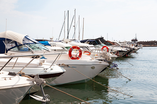 Yacht club with yachts at the pier in the city of Constanta, Romania.