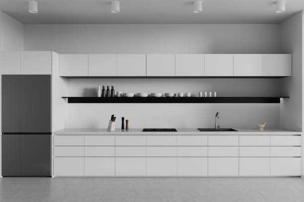 istock Elegant home kitchen interior with cabinet and kitchenware, cooking space 1914274303