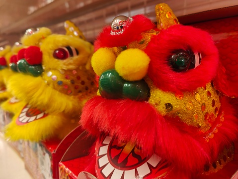Red and yellow Chinese New Year lion dance decorations display