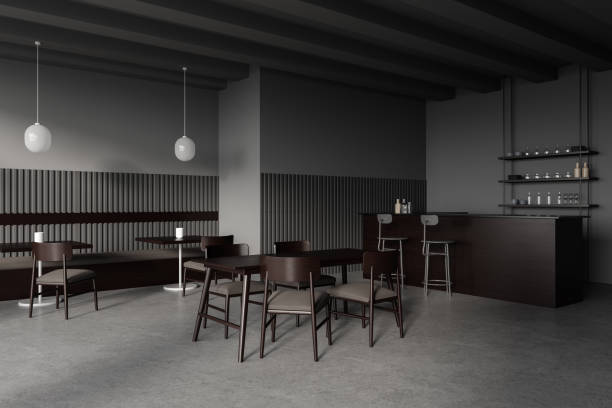 istock Grey cafeteria interior with seats and table, dining corner with bar counter 1914276884