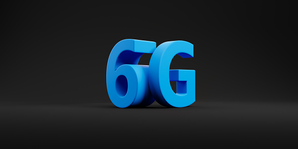 View of blue 6G sign over black background. Concept of telecommunication and technology, internet connection and network. 3d rendering