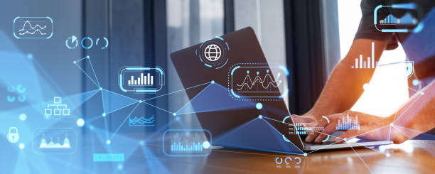 istock Man hands typing on laptop with network hologram 1914289851