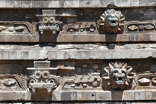 Ancient Aztec god carvings at Teotihuacan archeological site