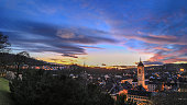 Panorama of the old Swiss town Schaffhausen in Christmas season illumination at sunset