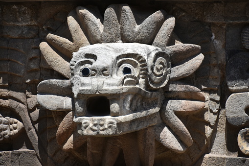 Quetzalcoatl bust on Temple of the Feathered Serpent