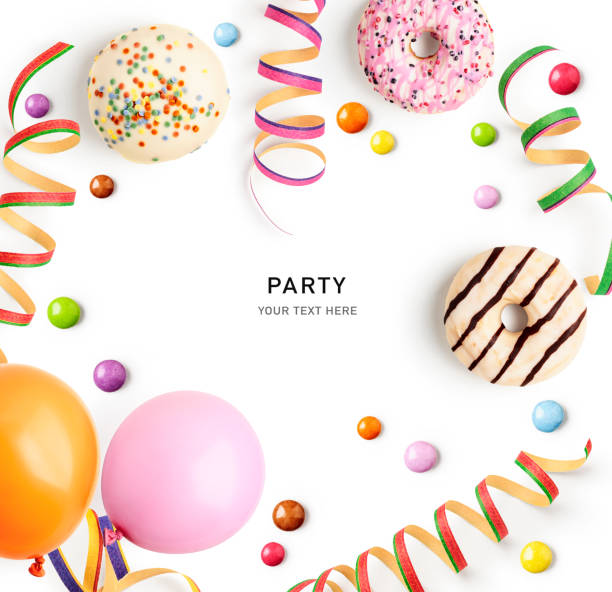 coloridos balões de flâmulas de festa donuts isolados no fundo branco - birthday card streamer party balloon - fotografias e filmes do acervo