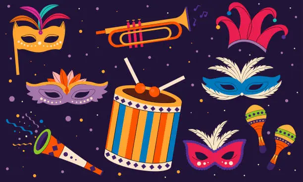 Vector illustration of Flat vector illustration set of Mardi Gras carnival. Carnival party, festival. Carnival masks. For greeting card, banner, gift wrapping, poster