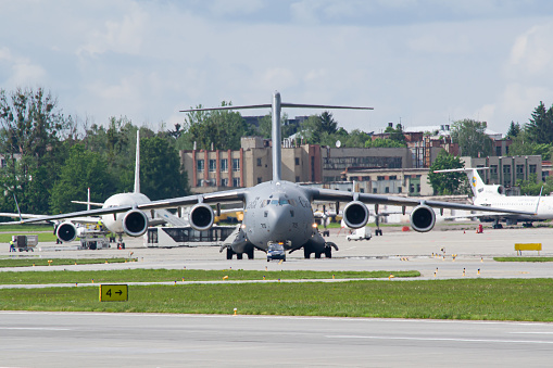 Royal Canadian Armed Forces Boeing CC-177 face-to-face while taxiing for takeoff from Lviv Airport