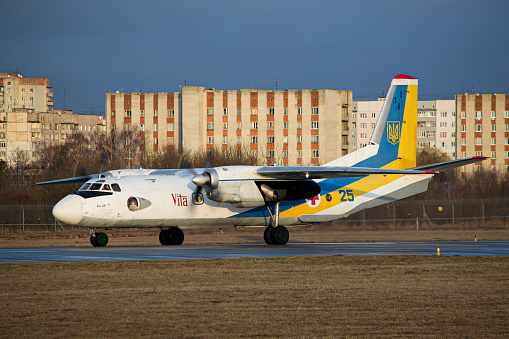 Ukraine Armed Forces Antonov An-26 Vita rescue aircraft turning around on the runway for takeoff from Lviv