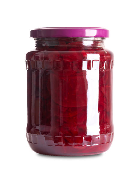 istock Sliced pickled beetroot, Cooked, cut deep red beets, preserved in a glass jar 1914345423
