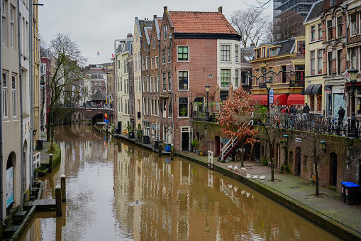 Utrecht, Nederlands - December 27, 2023: View to old city in the downtown of Utrecht.