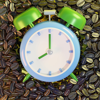 Alarm clock on coffee grain. 3d render.