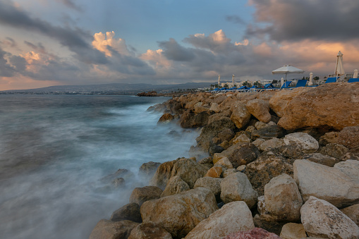 Sunset on the beach in Paphos Cyprus. Photograph taken in 2023