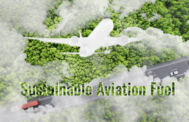 istock Sustainable aviation fuel concept. Net zero emissions flight. Sustainability transportation. Eco-friendly aviation fuel. Air travel. Future of flight with green innovation. Airplane use biofuel energy 1914416667