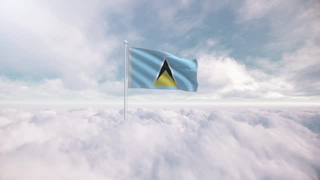 Saint Lucia  flag rises above the clouds. The concept of liberty and patriotism, national flag waving proudly above the clouds, symbolizing freedom, independence day, celebration, freedom, patriotic, power and  freedom,