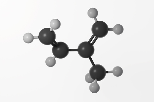 Ball and stick model of isoprene molecule with double bonds shown, against a white background