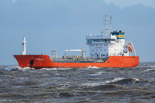 Cuxhaven, Germany - December 22, 2023: GEFO chemical tanker Fidelio on the river Elbe