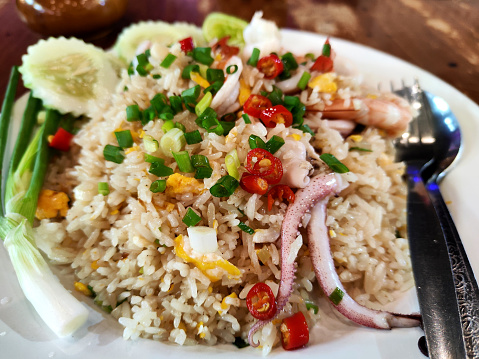 Plate of fried rice with seafood in Pattaya, Thailand