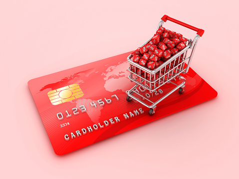Credit Card with Shopping Cart and Percentage Blocks  - Color Background - 3D Rendering