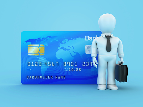 Credit Card with Cartoon Business Person  - Color Background - 3D Rendering