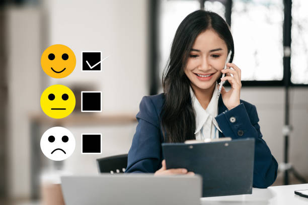 istock Happy Client customer experience concept. Woman recording phone inquiry with checkboxes, smiling face rating excellent for satisfaction survey. 1914460338