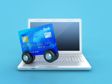 Credit Card with Computer Laptop - Color Background - 3D Rendering