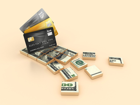 Credit Card with Dollar Bill Blocks  - Color Background - 3D Rendering