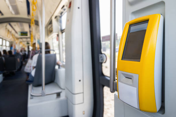 istock Selective focus on modern ticket validator with empty screen in city public transport. 1914469403