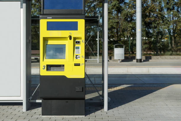 Automatic terminal machine for buying tickets on bus, tram, intercity, suburban train. Self-service kiosk with touchscreen on urban public transport station.