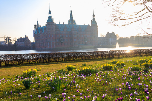 View of Frederiksborg castle in Hillerod, Denmark. Beautiful lake and garden with crocuses and daffodils on a foreground