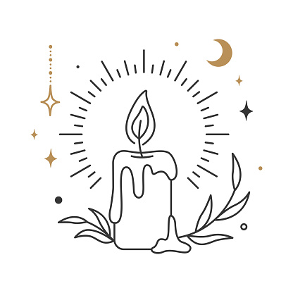 Flaming candle with melting wax. Moon and stars.
Boho mystical hand-drawn vector element isolated on white background
