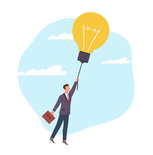 istock Businessman flies up and holds light bulb by string. New project or startup beginning. Flying happy employee. Creative process and brainstorming sign cartoon flat isolated vector concept 1914489877