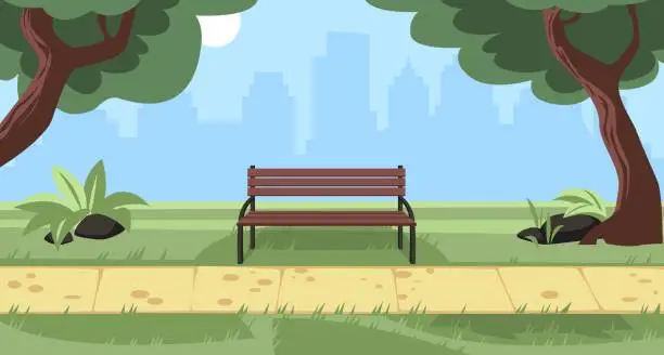 Vector illustration of Empty bench in city park. Wooden and wicker furniture. Summer landscape with city view. Place for walking and recreation. Public place with green trees cartoon isolated vector concept